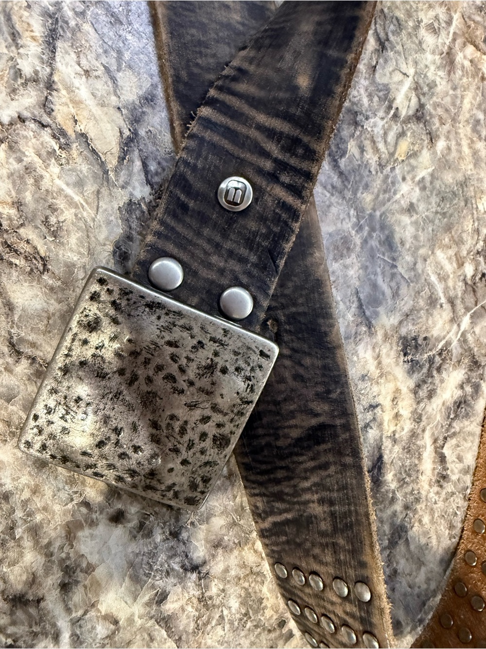 BEDSTU  Brown Leather Belt with Aged Silver Square Buckle Sz 34 unisex